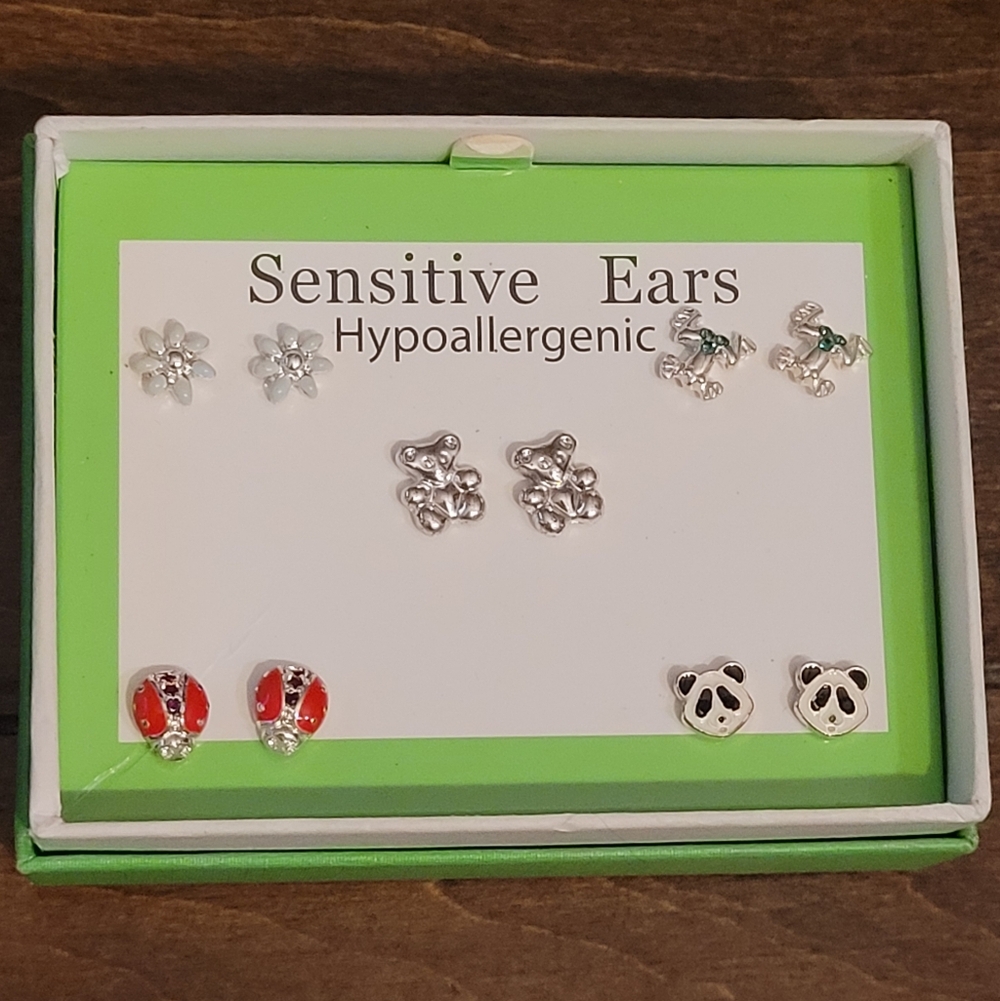 Hypoallergenic Kids Earrings Set - Silver, Red, Black